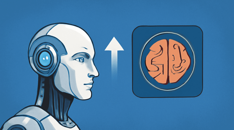 A digital illustration featuring a sleek, robotic humanoid in profile, with a glowing blue eye and gray earpiece, set against a blue background. On the right, an abstract neural network in the shape of an orange brain, connected to the robot by an upward-pointing arrow. The image represents the concept of Agentic AI, showcasing the intersection of artificial intelligence and human-like autonomy.