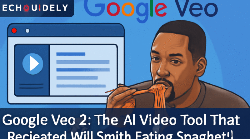 Google Veo 3: The AI Video Tool That Recreated Will Smith Eating Spaghetti 1 A 2D digital illustration showcasing the Google Veo 3 AI tool with the title 'Google Veo & The AI Video Tool That Recreated Will Smith Eating Spaghetti.' It features the TECHGUIDELY logo and Google Veo branding, alongside an image of Will Smith eating spaghetti with a computer window displaying the Google Veo interface, set against a textured blue background.